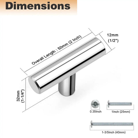 Dimensions of Polished Chrome Cabinet Knobs And Handles 5 Pack Stainless Steel Single Hole Euro T Bar Drawer Pull 50mm x 12mm