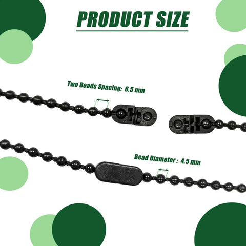 Image of the Beaded Chain Cord For Blinds 10 Meters Black Plastic Ball Chain With 17 Beads Per 100 Mm And 10 Connector Clips showing bead and spacing size.