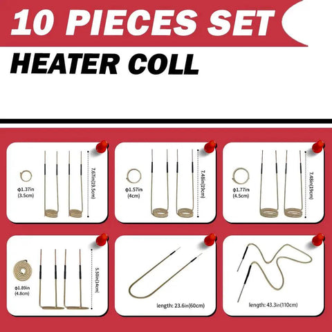 Induction heater coil set, 10 pieces, copper coils in assorted sizes for rusted bolt removal.