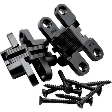 Concealed Black Finish Cabinet Hinge For Inset Doors With Three Eighths Inch Wings And One And Eleven Sixteenths Inch Long Designed For Half Inch Door Thickness Soss 101, shown with screws.