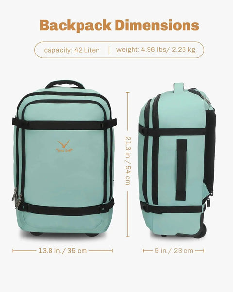 Front and side view of mint green Rolling Backpack 42L With Wheels Airline Approved, showing dimensions. Ideal for weekend getaways, Hynes Eagle.