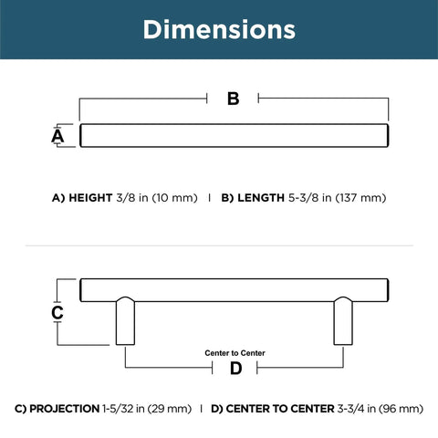 Dimensions diagram for Stainless Steel Cabinet Pulls Set of 10 With 3.75 Inch Center To Center Mounting, showing measurements A-D.