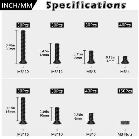 380 Pcs M3 Black Flat Head Machine Screws And Hex Nuts Kit size specifications chart for DIY projects.