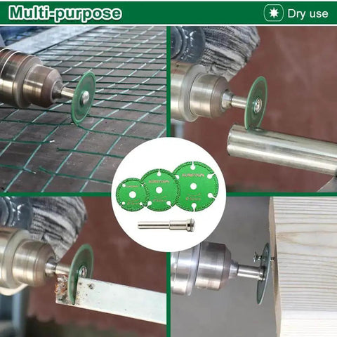 Diamond Metal Cut Off Wheel Set Pro Grade Heavy Duty 30mm 40mm 50mm with 6mm Round Shaft in action cutting materials