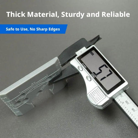 Digital caliper measuring thickness of a cabinet hinge jig, showcasing durable ABS construction and precise alignment tool
