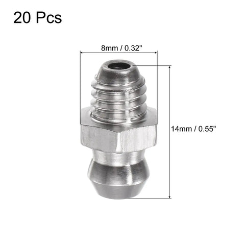 Stainless Steel Straight Grease Fitting M6 x 1mm Thread For Hydraulic Systems 20 Pieces, rust resistant, measurements shown