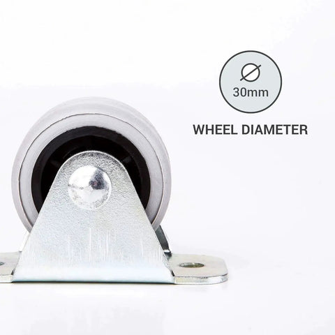Close-up of 30mm rubber wheel caster, part of Pack Of 8 Small 1.18 Inch Rubber Wheel Casters For Furniture Non Swivel Non Plastic With Mounting Screws