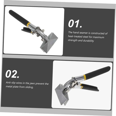 Metal Bender Hand Seamer Tool Plier For HVAC with non-slip handle and heat-treated steel construction in two views.