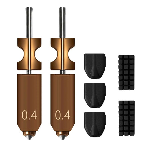 0.4mm Integrated Adventurer 5X Nozzle Kit For AD5X 3D Printer Hotend with 3 silicone socks and 2 nozzle wipers shown