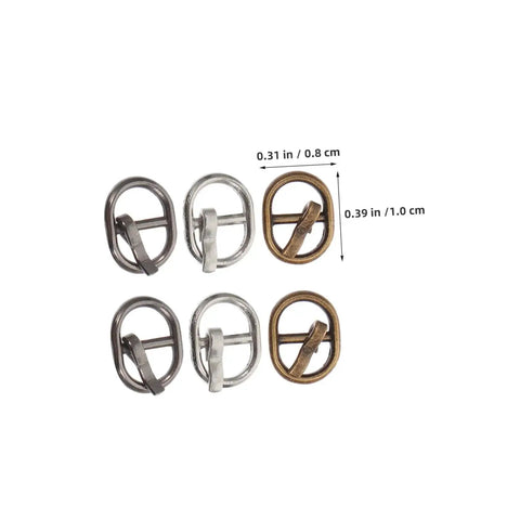 150 Pieces Mini Belt Fasteners Tiny Alloy Buckles For Doll Clothes And Shoes Diy Crafting Mixed Silver Gunmetal Antique Bronze Colors Easy Assembly Miniature Sewing Accessories shown in silver, gunmetal, and antique bronze with measurements.
