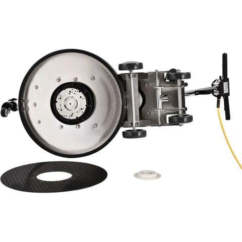 Corded High Speed Floor Burnisher, 20 Inch Cleaning Width, 120V, 1.5 HP, 1500 RPM, Includes 50 Foot Safety Power Cord, ETL And cETL Listed, Dry Floor Only, Heavy Duty Beast Pro Grade Industrial Floor Polisher showing underside pad driver and power cord.