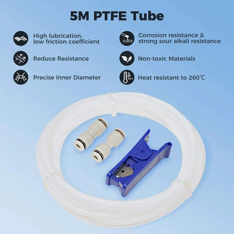 PTFE Filament Tube 2.5mm ID 4mm OD 5m With 2 Couplers And Tubing Cutter For Bambu Lab X1 X1C P1P P1S A1 A1 Mini Prusa MMU3 Creality K1 Max Ender 3 V3 Direct Drive 3D Printer White Ultra Smooth Glide No Drag, displayed with blue tubing cutter and couplers on blue background.
