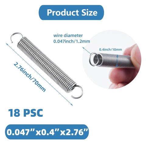 Extension springs with hook ends, 0.047 in wire, 0.4 in coil diameter, 2.76 in long, 304 stainless steel, set of 18.