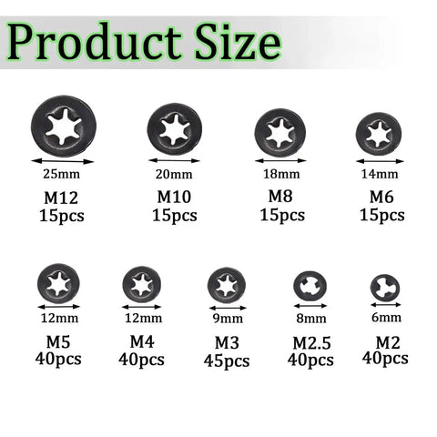 Ruipaba 265-piece internal-tooth star lock washer assortment in 9 sizes (M2–M12), black metal push-on washers.