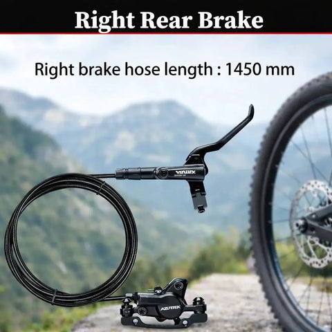 Side view of RUJOI MTB hydraulic disc brake set with black aluminum lever, caliper, 1450mm hose and 160mm rotor