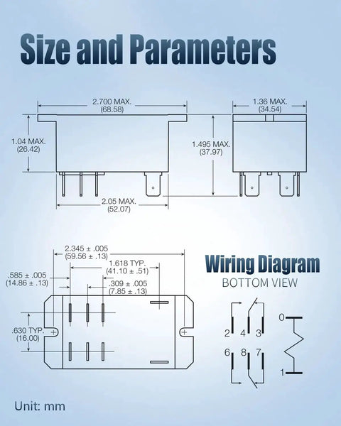 Technical diagram showing the size, parameters, and wiring layout for 24V DC DPDT Power Relay With 8 Pin Quick Connect Top Sealed 30A Rating.