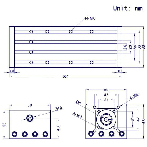 Technical drawing of Beefy Pro Grade 100mm Travel Linear Rail Guide With Dual Optical Axis And SFU1605 Ballscrew Nema 23 Stepper Motor Included CNC Router Linear Slide For Smooth Precise Motion showing dimensions.
