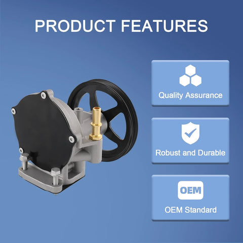 Automotive vacuum pump with black drive pulley and silver aluminum body; brass inlet fitting.