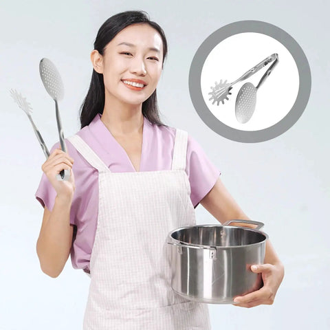 Stainless Steel Oil Filter Food Clip And Frying Tongs For Steak Draining Deep Fry Strainer And Grilling Tool held by a woman with a pot