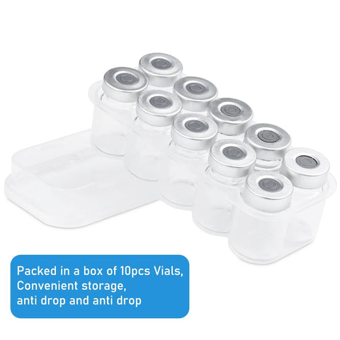 10x 5ml glass injection vials with self-healing ports, transparent and sealed, on a white rack (Amazon BISS)