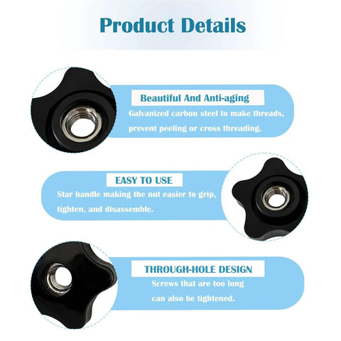 Close-up view of Star Shaped Knobs 3/8-16 Through Hole Hand Tighten Clamping Black Plastic with through-hole design highlights.