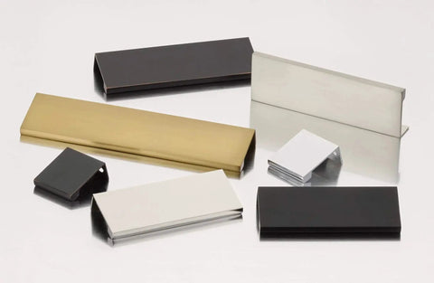 Various sizes and finishes of Emtek Edge 10 Inch Center To Center Finger Cabinet Pull 87140US19 with sleek metal design.