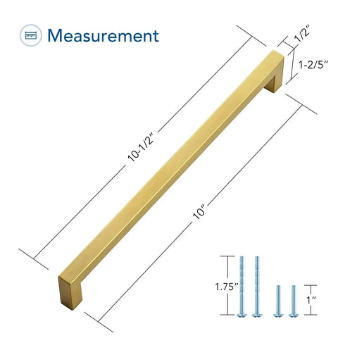 10 Pack Square Cabinet Pulls 10 Inch Brushed Brass Gold Kitchen Cabinet Handles with measurement details and screws shown