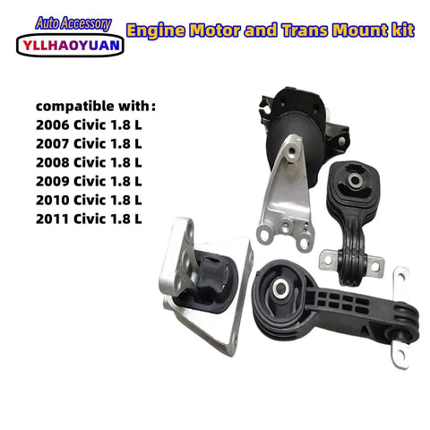 Four Piece Engine Mount Kit for 2006-2011 Honda Civic 1.8L with durable rubber insulators for vibration damping, visible on white background.