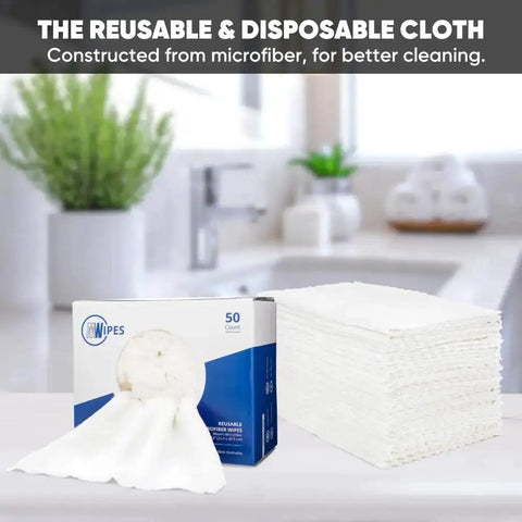 Ultra-Absorbent Microfiber Rags In A Box, 50 Count, 10 By 12 Inches Reusable Wipes For Cleaning, displayed in a stack next to the box.