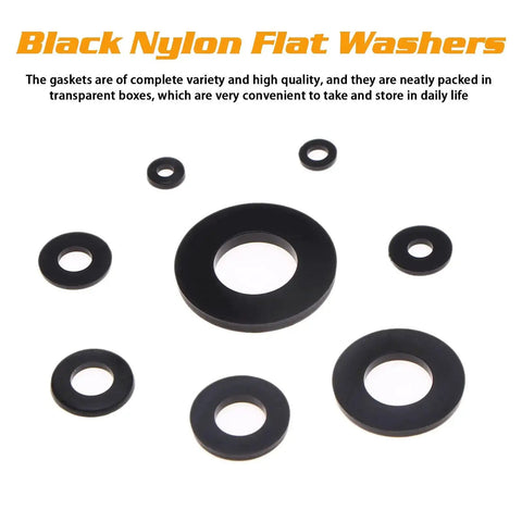 Assorted black nylon flat washers, part of 500 Piece Nylon Flat Washer Set Eight Sizes M2 M2.5 M3 M4 M5 M6 M8 M10