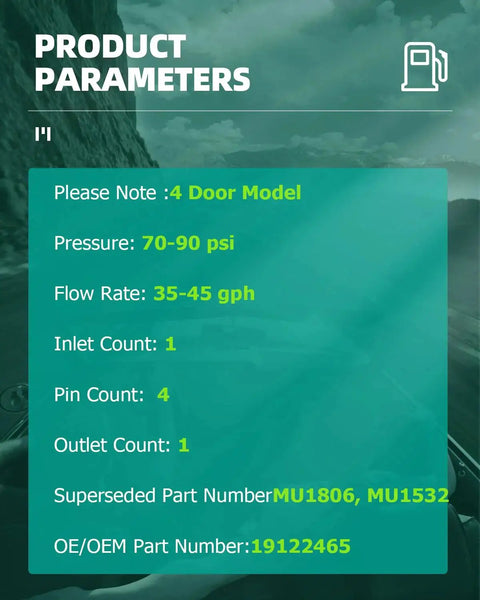 Specifications for the Direct Fit Drop In Replacement Electrical Fuel Pump Module Assembly, including pressure and flow rate.