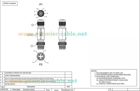 M12 D Code Male To X Code Female Industrial Ethernet Inline Adapter IP67 Waterproof Cat5e Shielded Connector diagram