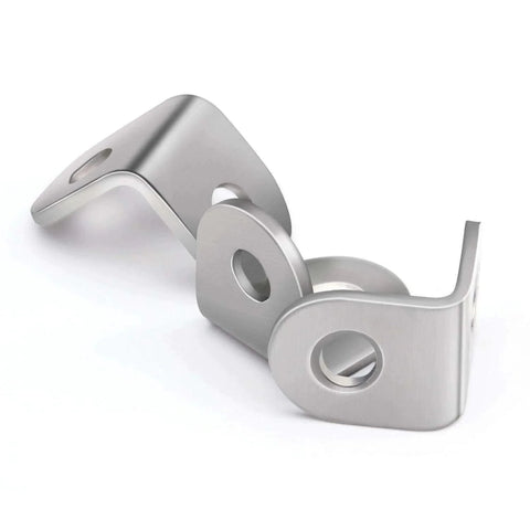 Close-up of two stainless steel L brackets, 20x20 mm, from a 100 Piece Stainless Steel L Brackets 20 By 20 MM 90 Degree Corner Brackets Set with 200 Screws.