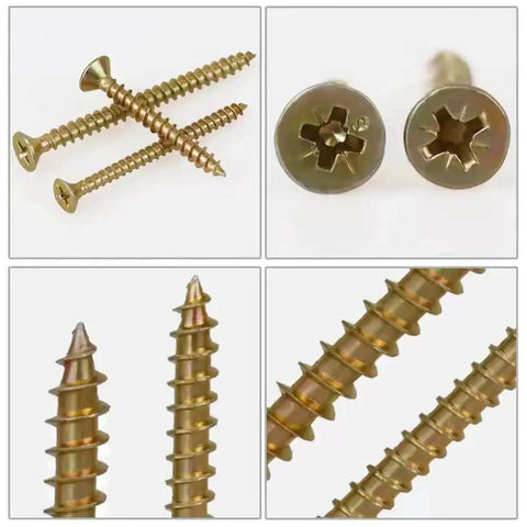M4 Flat Head Wood Screws Set 340 Pcs Philips Drive Countersunk Self Tapping Screws Yellow Zinc Plated Finish, close-up view