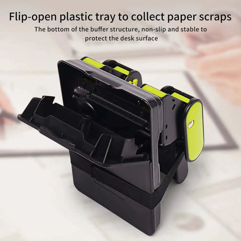 2 Hole Paper Punch With Adjustable 70Mm Or 80Mm Spacing And 6Mm Hole open view with paper scrap tray