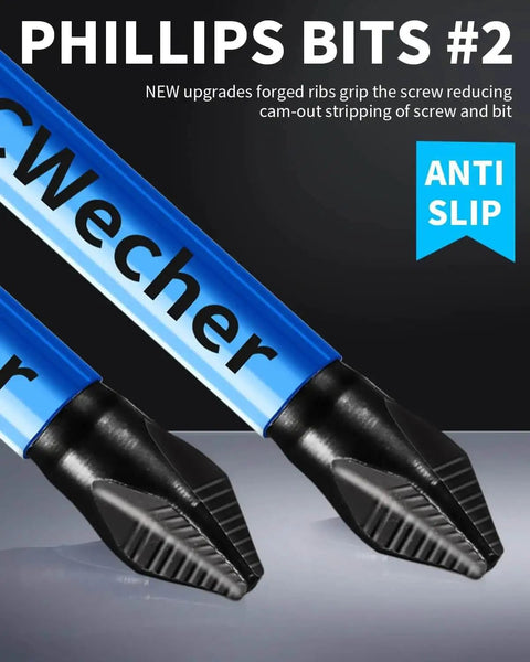 Close-up of 12 Pack Phillips Bits for Impact Drivers Magnetic Ph2 Set, featuring anti-slip tips by DCWecher