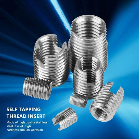 50 Pcs 302 Stainless Steel Inner Thread Self Tapping Thread Inserts Set For Metal Repair And Reinforcement, displayed against blue background