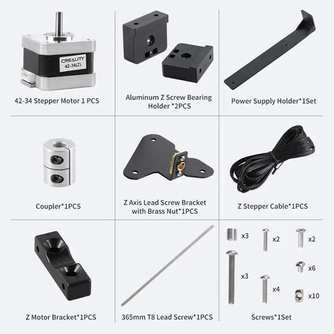 Ender 3 Dual Z Axis Upgrade Kit components, including stepper motor, lead screw, metal PSU holder, and brackets for Ender 3 Pro and V2.