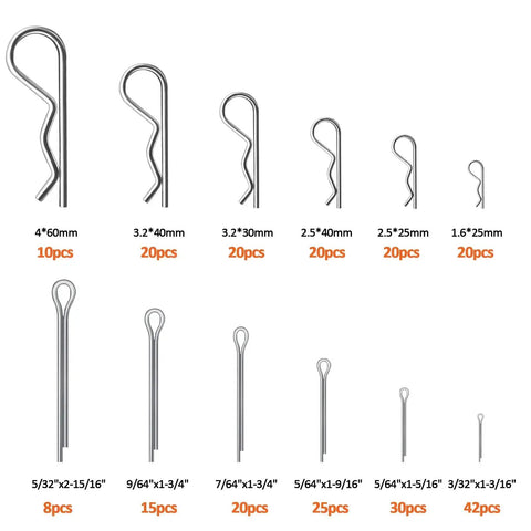 250 Piece Cotter Pin Hairpin R Clips Assortment Kit Beefy Heavy Duty Zinc Plated Steel Spring Fasteners Hitch Pins Clips Locking Set