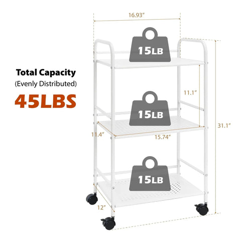 Three Tier Rolling Utility Cart With Metal Shelves On Wheels White Finish For Kitchen Office And Home Organization 12 Inch Depth