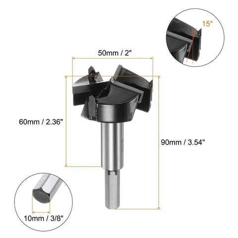 Pro Grade 50mm Forstner Drill Bit With Tungsten Carbide Tips 3 Flutes And 4 Spurs Hex Shank For Quick Clean Hinge Holes overlay.
