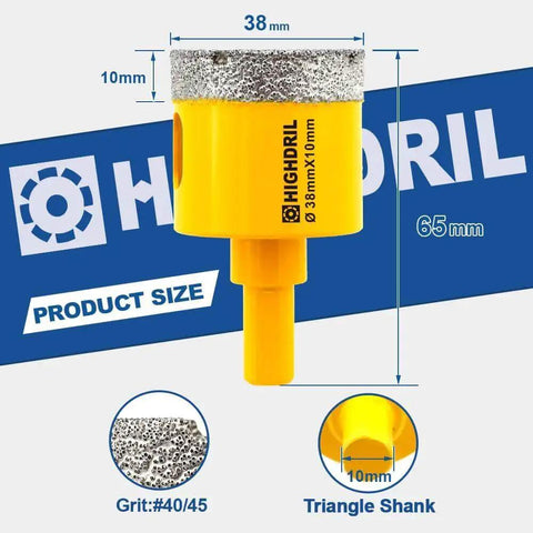 Dry Diamond Core Drill Bit 38mm One And A Half Inch Triangle Shank Vacuum Brazed Hole Saw displayed with size details