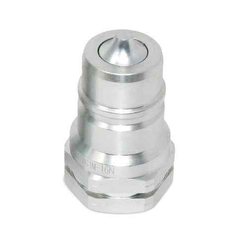 Silver metal agricultural hydraulic quick-connect Pioneer style coupler with 1in NPT thread