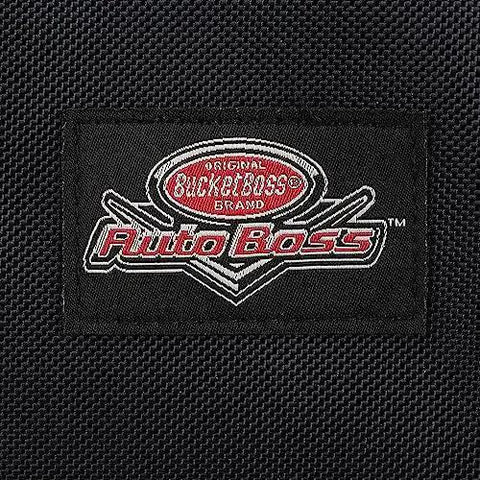 Close-up of Auto Boss Cable Bag For Jumper Cables And Cords logo on black 600 denier ripstop water resistant fabric, car accessory organizer