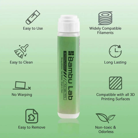 Rock Solid 60ML 3D Printer Adhesive Glue bottle with key features for strong bed adhesion, compatible with Bambu Lab A1, A1 Mini, P1, X1.