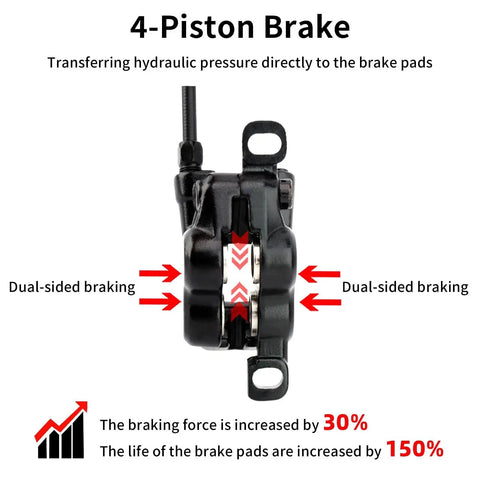 Front view of a black ZTZ 4-piston hydraulic eBike brake caliper with mounting ears