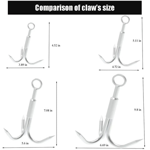 Three Size Stainless Steel Grappling Hook Set With Three Claws For Anchor Retrieval And Outdoor Use size comparison chart
