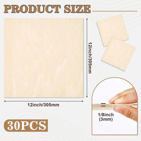 30 Pack Basswood Sheets for Crafts 12 By 12 By One Eighth Inch Thick Unfinished Square Wood Boards Smooth Surfaces