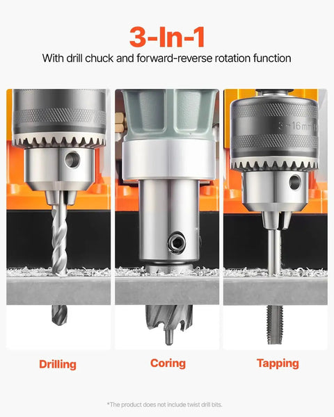 Close-up view of Heavy Duty Magnetic Drill Press with 1450W Motor showing drilling, coring, tapping functions.