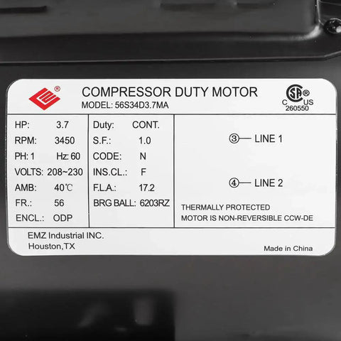Label on Beefy 3.7 HP 230V Single Phase Air Compressor Motor, model 56S34D3.7MA, showing technical specifications and certifications